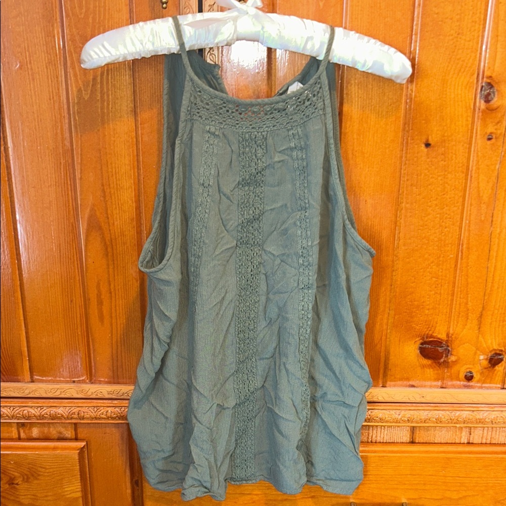 Sleeveless High Neck Crochet-Trim Tank Top - Olive Green